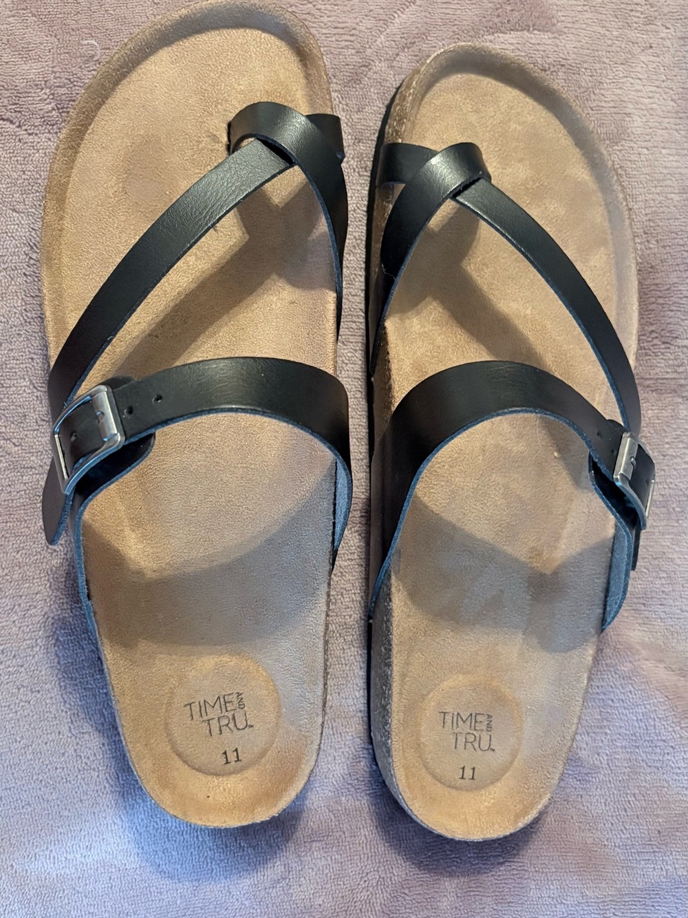 Time and Tru Black Crisscross Buckle Sandals